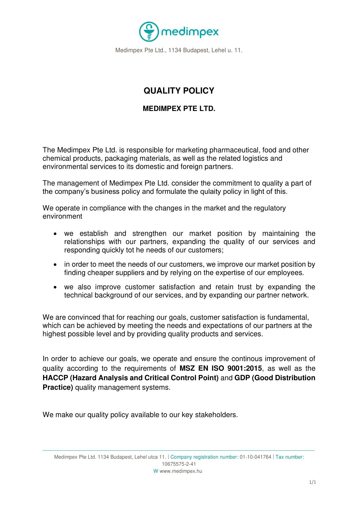Quality Policy Medimpex Pte Ltd